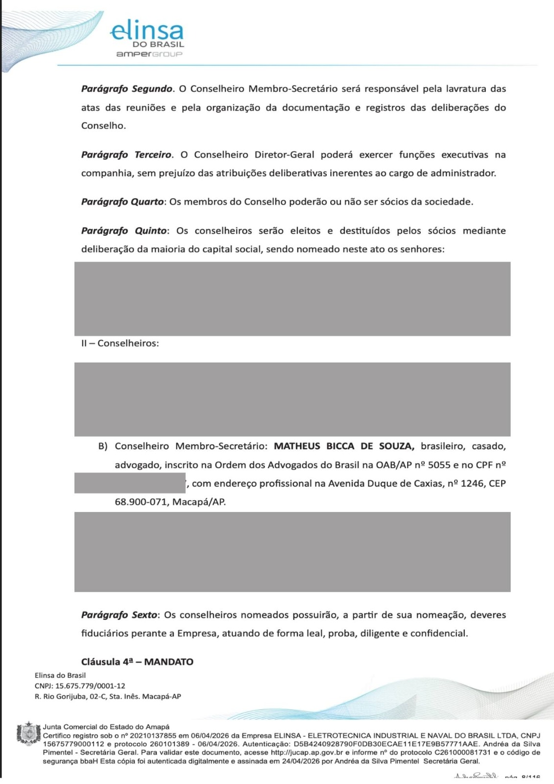 Ato societário da Elinsa do Brasil arquivado na Junta Comercial do Amapá nomeando Matheus Bicca de Souza como Conselheiro Membro-Secretário