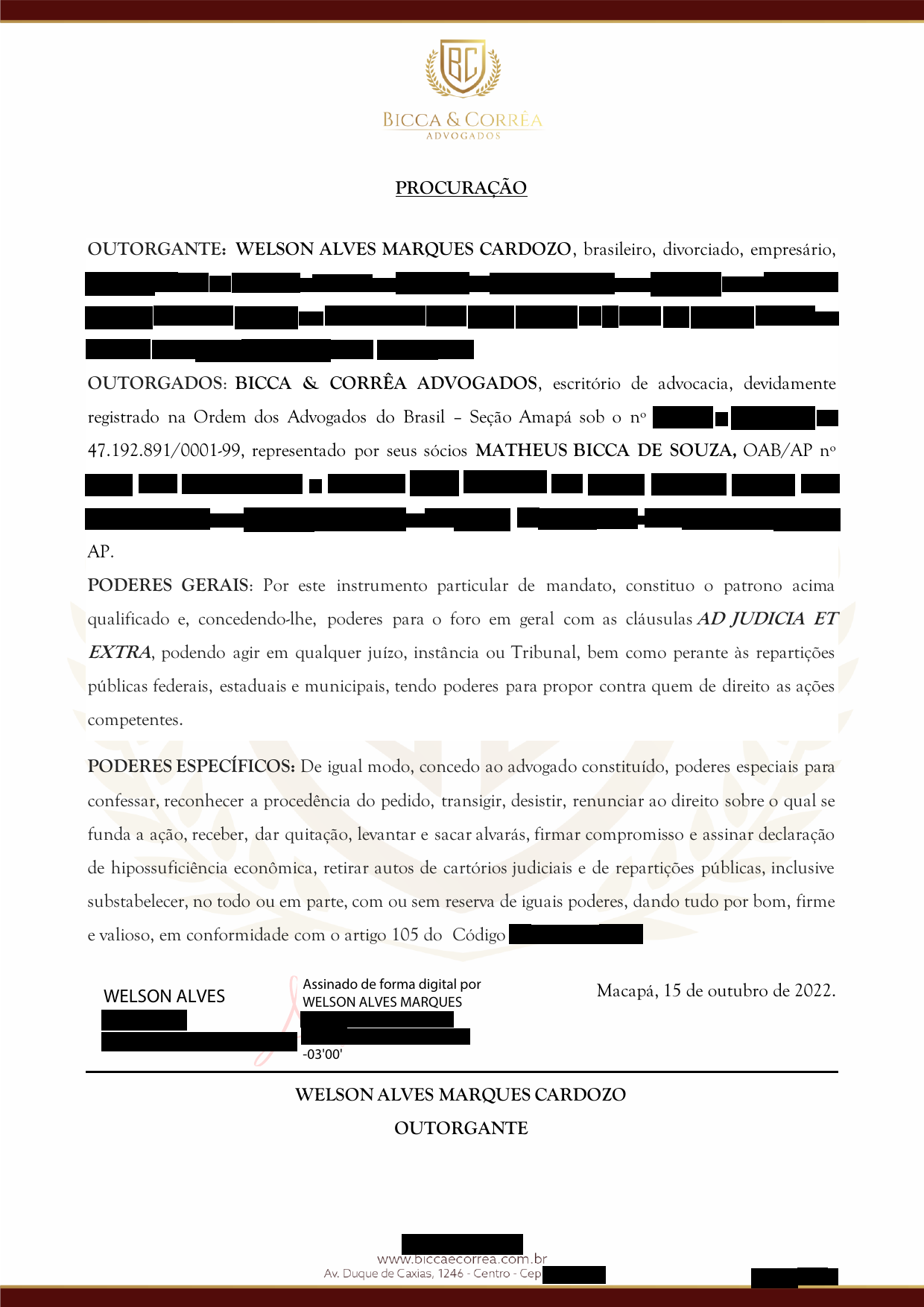 Página 1 — Procuração — Welson Alves Marques Cardozo (pessoa física) (com dados sensíveis redigidos)