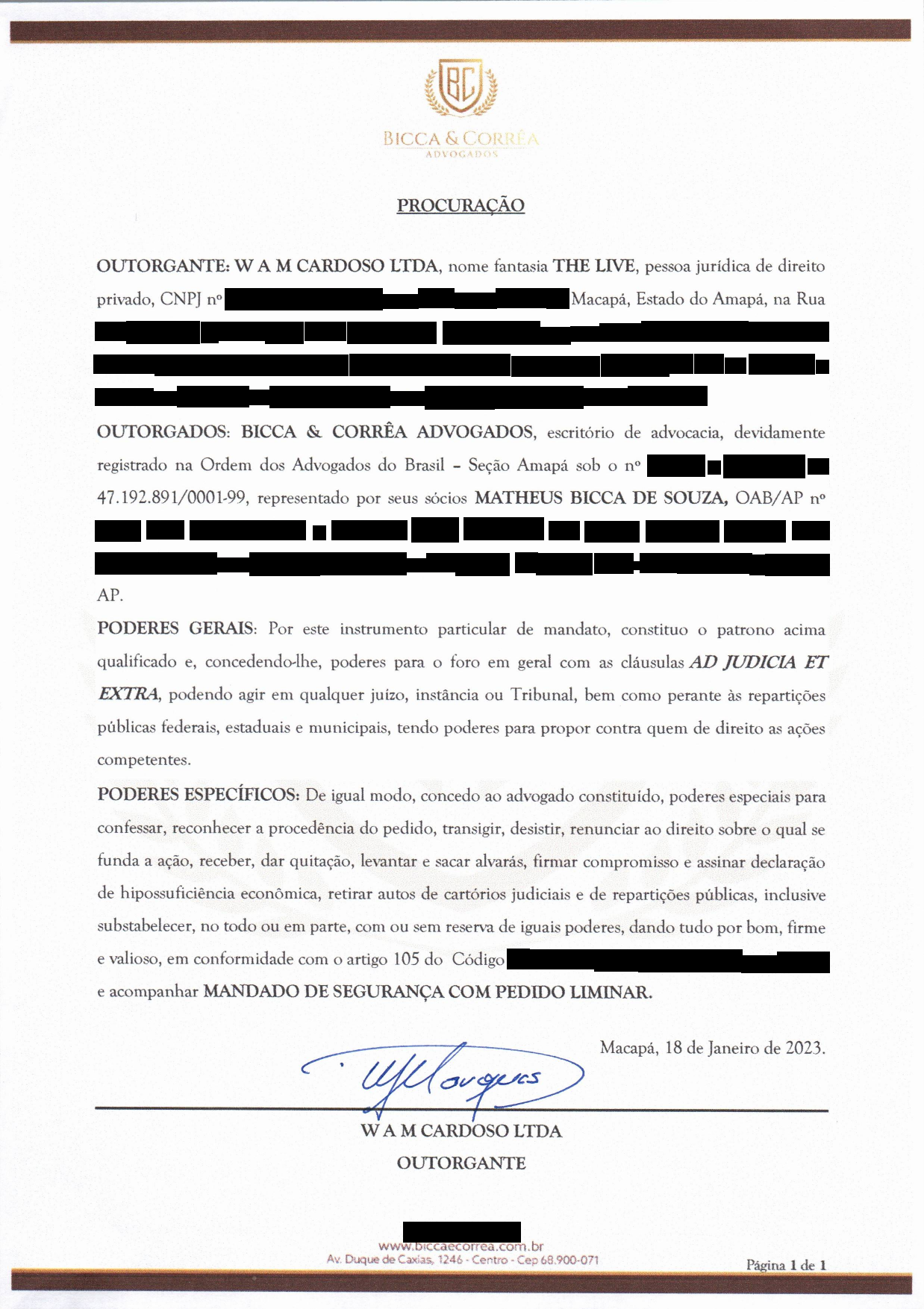 Página 1 — Procuração — W A M Cardoso LTDA (The Live) (com dados sensíveis redigidos)
