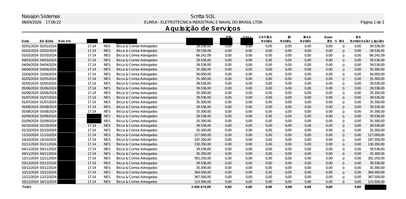 Página 1 — Planilhas de pagamento ao escritório — Elinsa (2024-2026) (com dados sensíveis redigidos)