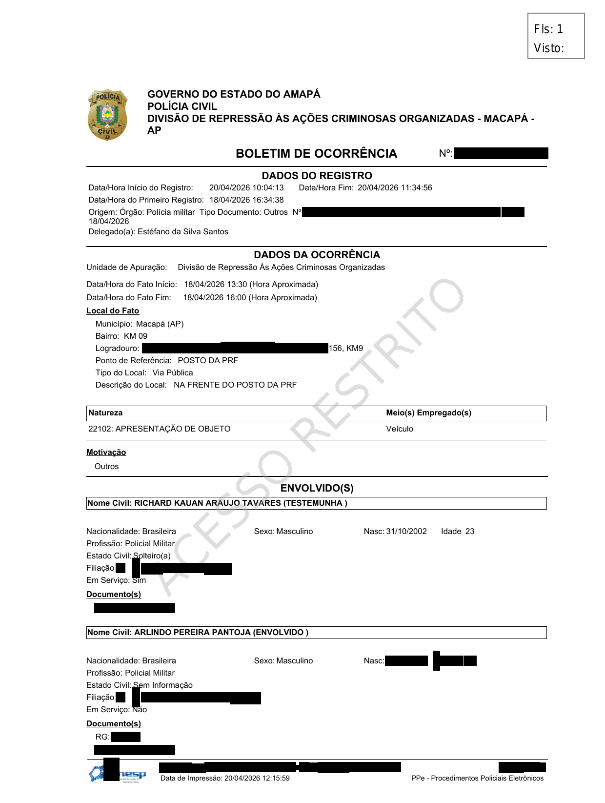 Página 1 — BO 29563/2026 — DRACO/PC-AP (peças selecionadas) (com dados sensíveis redigidos)