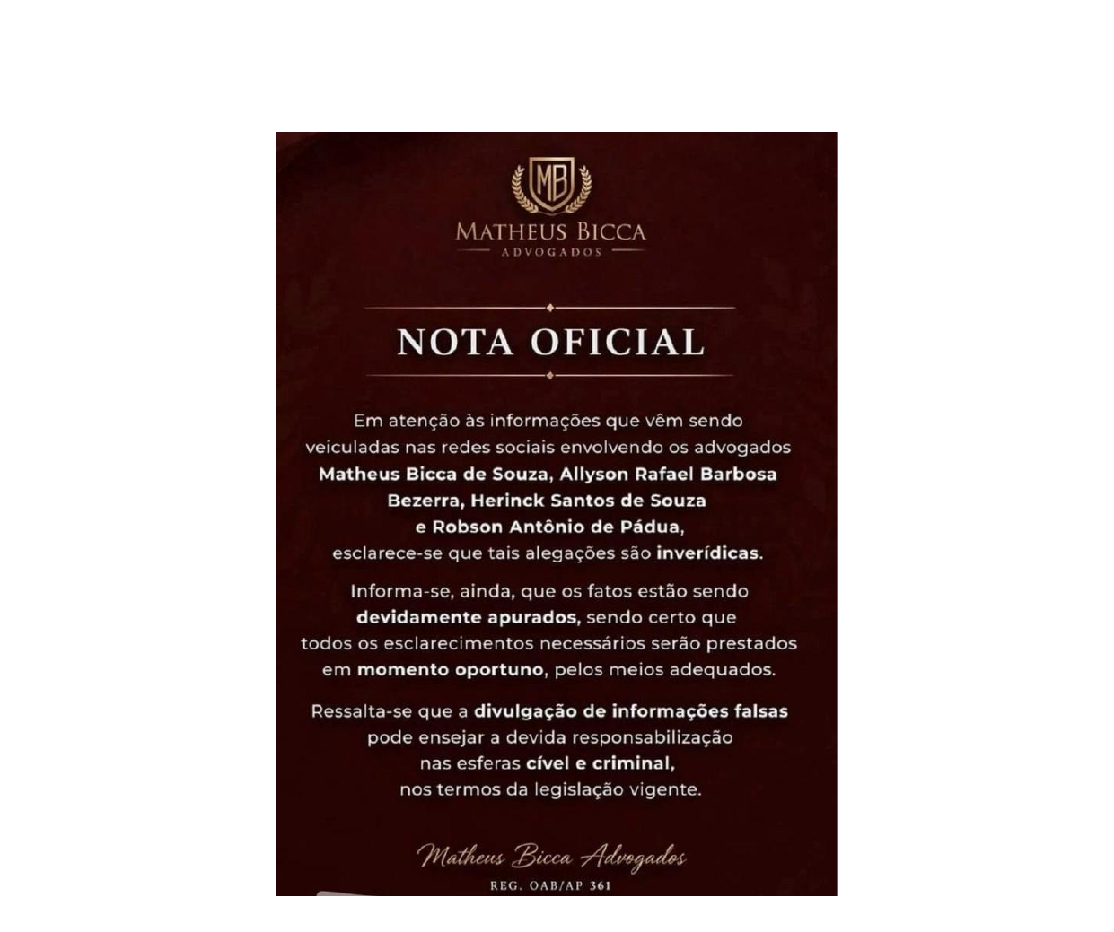 Página 1 — Nota Oficial — Matheus Bicca Advogados (com dados sensíveis redigidos)