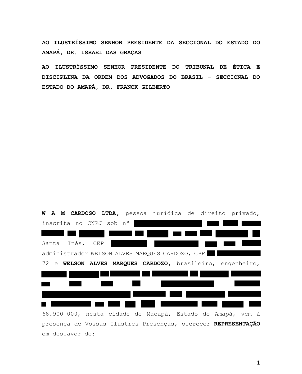 Página 1 — Representação à OAB/AP — pedido de exclusão dos advogados (com dados sensíveis redigidos)