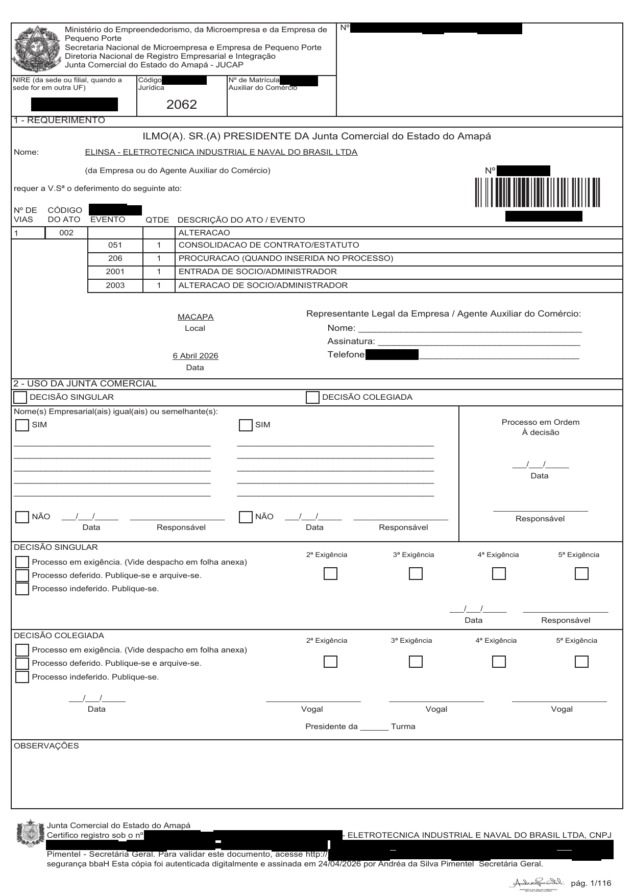 Página 1 — Última alteração contratual da Elinsa — JUCAP 06/04/2026 (com dados sensíveis redigidos)