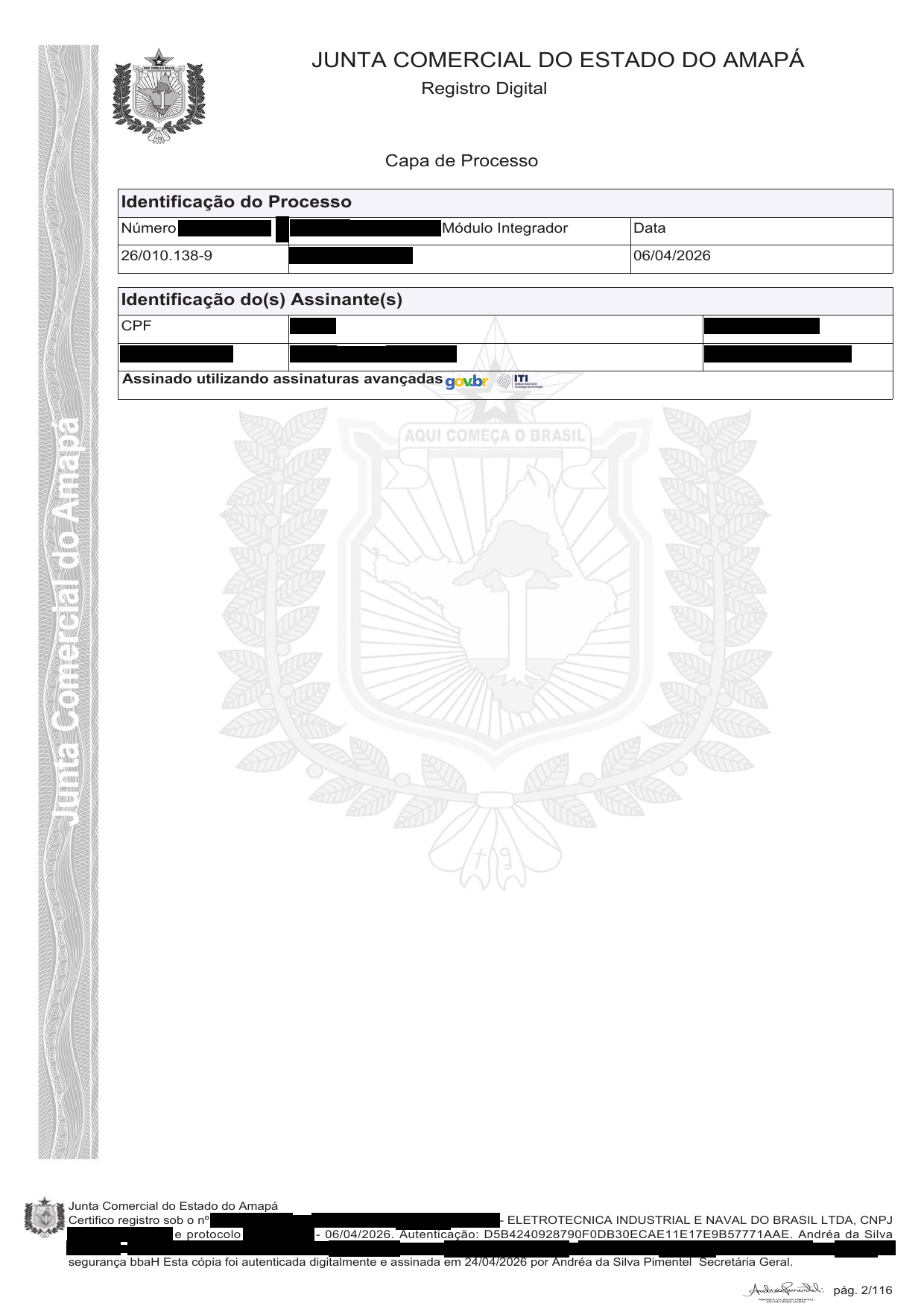 Página 2 — Última alteração contratual da Elinsa — JUCAP 06/04/2026 (com dados sensíveis redigidos)
