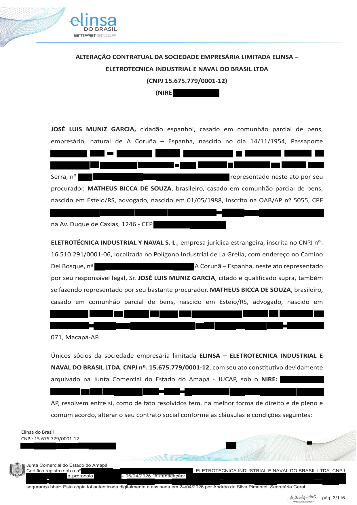 Página 3 — Última alteração contratual da Elinsa — JUCAP 06/04/2026 (com dados sensíveis redigidos)