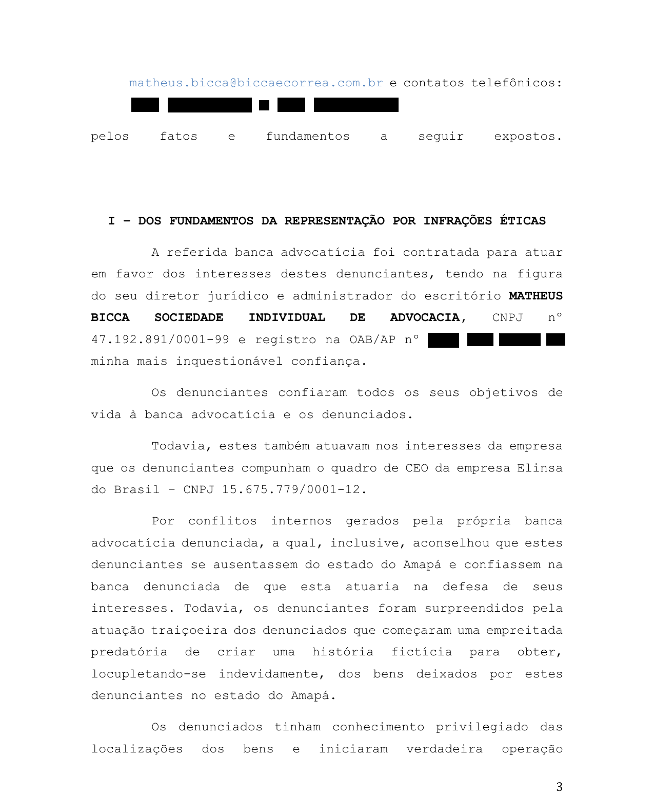 Página 3 — Representação à OAB/AP — pedido de exclusão dos advogados (com dados sensíveis redigidos)