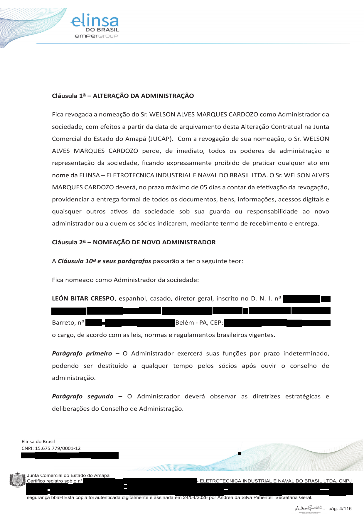 Página 4 — Última alteração contratual da Elinsa — JUCAP 06/04/2026 (com dados sensíveis redigidos)