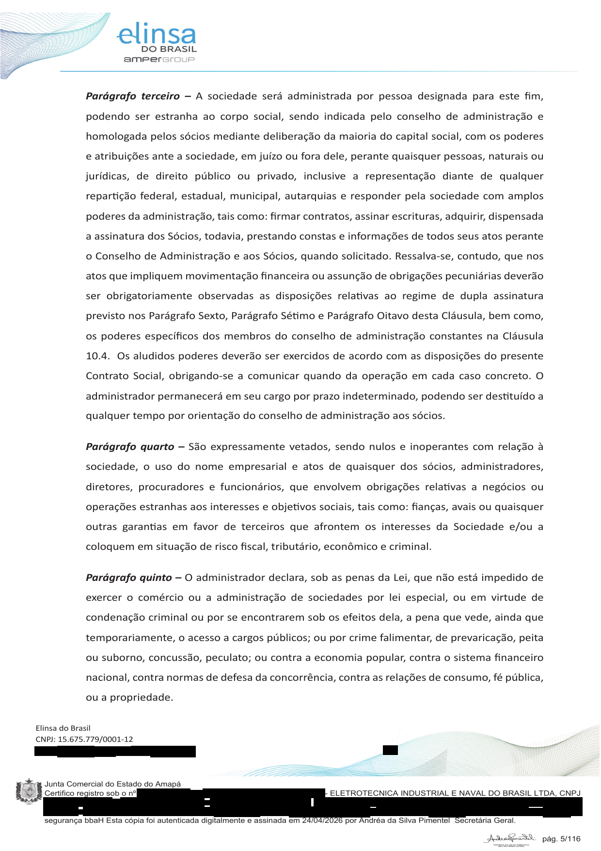 Página 5 — Última alteração contratual da Elinsa — JUCAP 06/04/2026 (com dados sensíveis redigidos)
