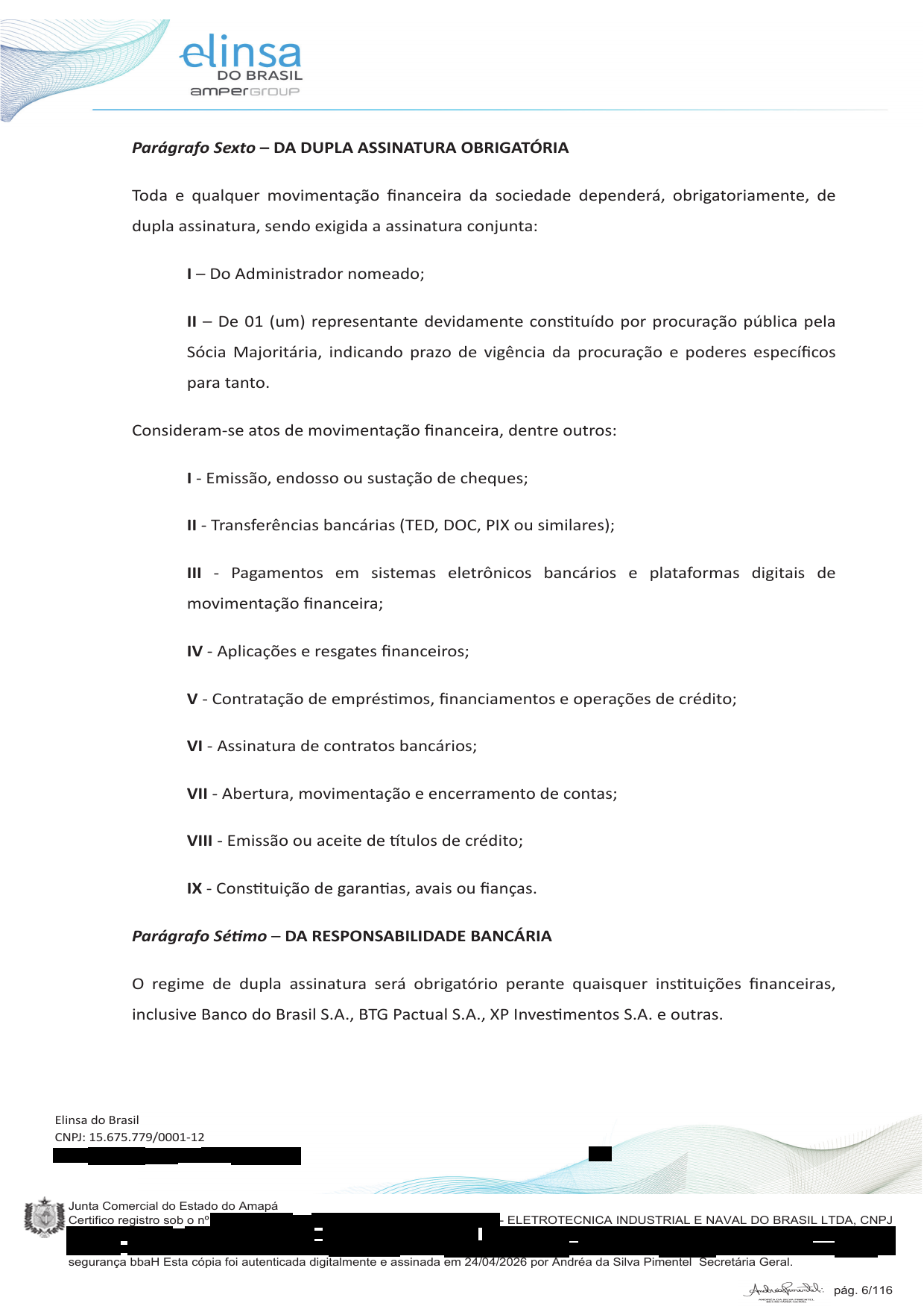 Página 6 — Última alteração contratual da Elinsa — JUCAP 06/04/2026 (com dados sensíveis redigidos)
