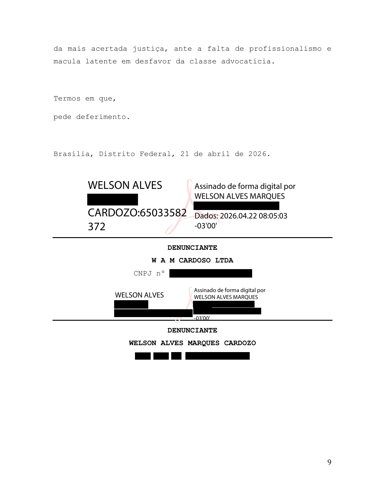 Página 9 — Representação à OAB/AP — pedido de exclusão dos advogados (com dados sensíveis redigidos)