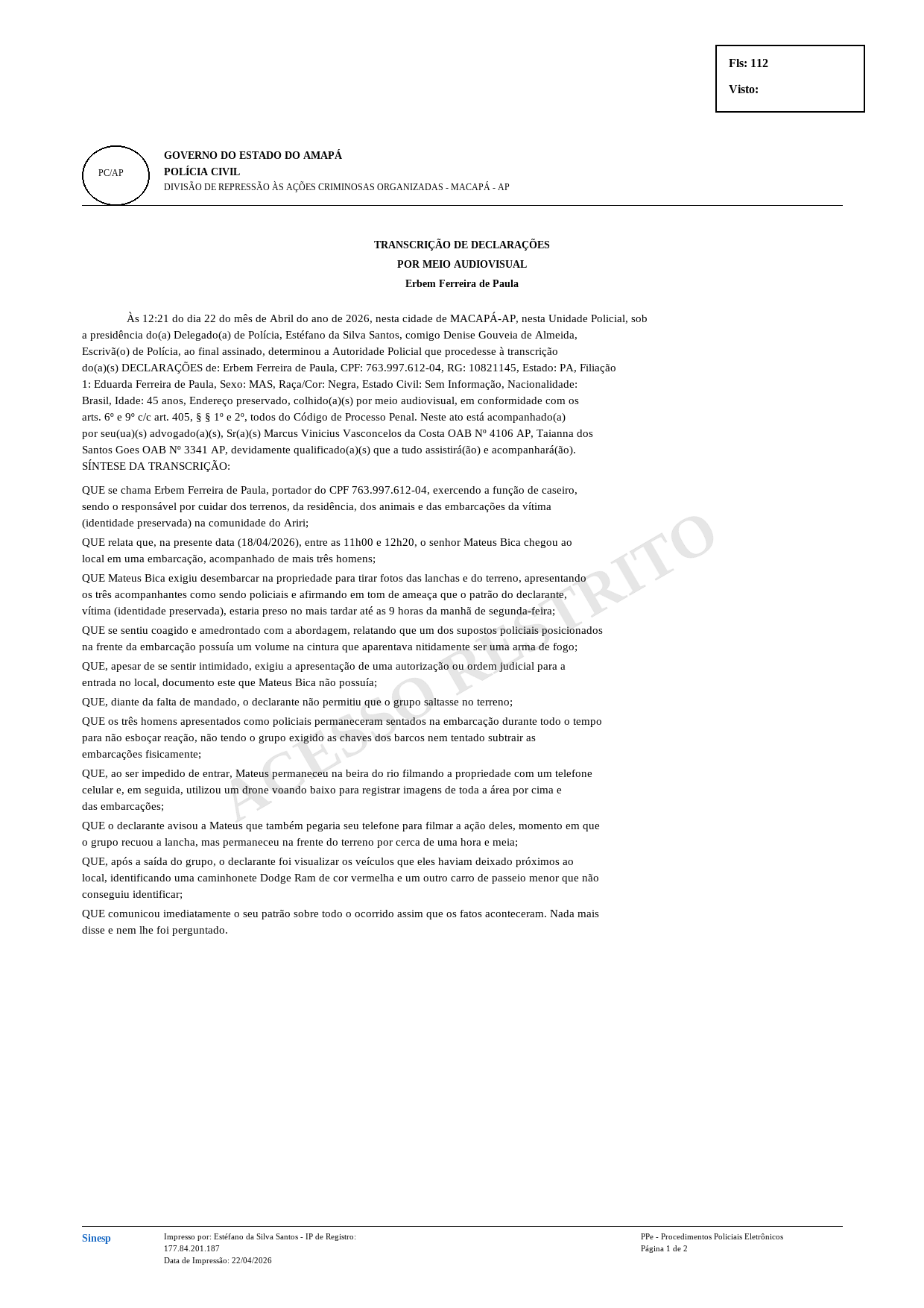 Página 112 de Transcrições de Declarações e Interrogatório