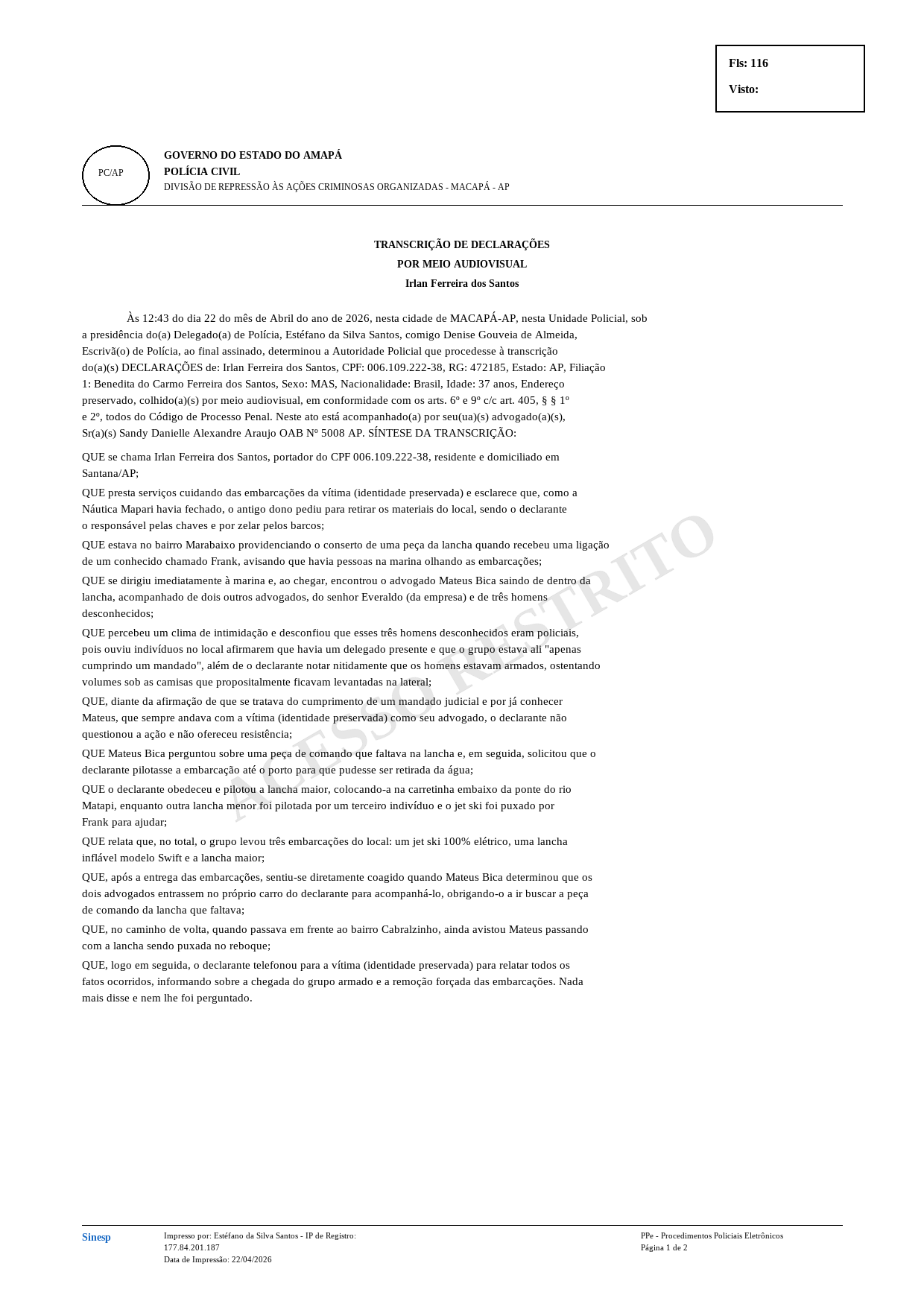 Página 116 de Transcrições de Declarações e Interrogatório