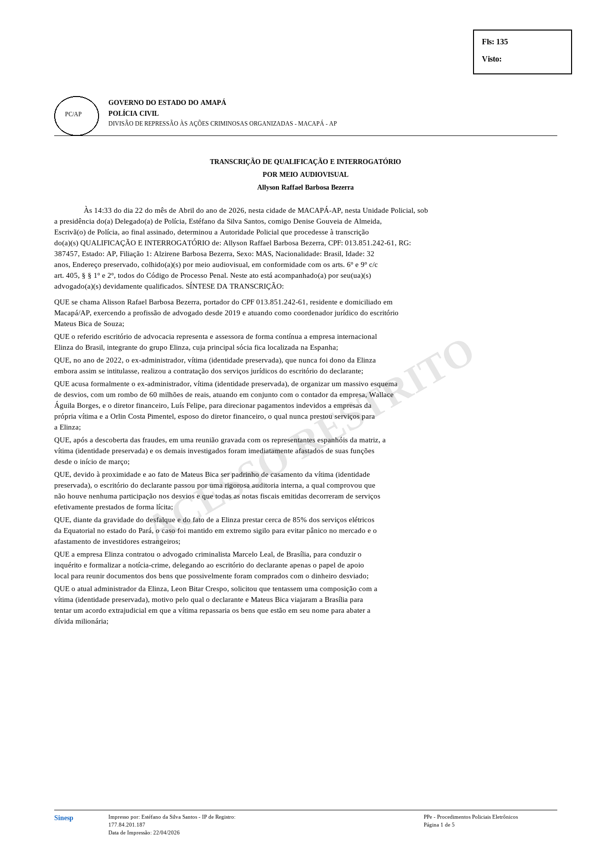 Página 135 de Transcrições de Declarações e Interrogatório